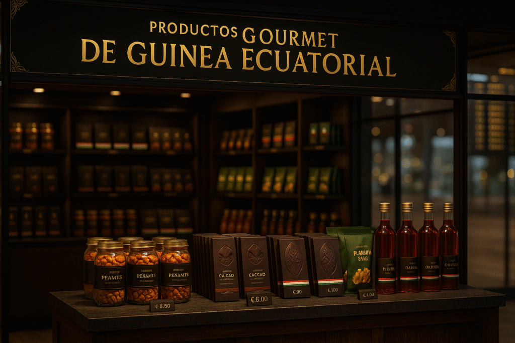 Mostrador de tienda gourmet de Guinea Ecuatorial en aeropuerto con cacahuetes, chocolate, chips de plátano y aceites.